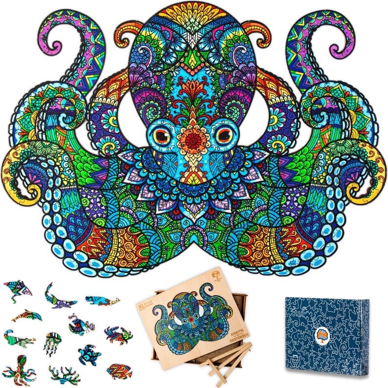 May include: A colorful wooden jigsaw puzzle of an octopus with intricate patterns. The puzzle is made up of 1000 pieces and comes in a wooden box with a lid. The box also includes a set of wooden puzzle pieces.