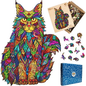 May include: A colorful wooden jigsaw puzzle of a Maine Coon cat with intricate patterns and details. The puzzle is called "Missy the Mischievous" and is part of the XL Jigsaw collection.