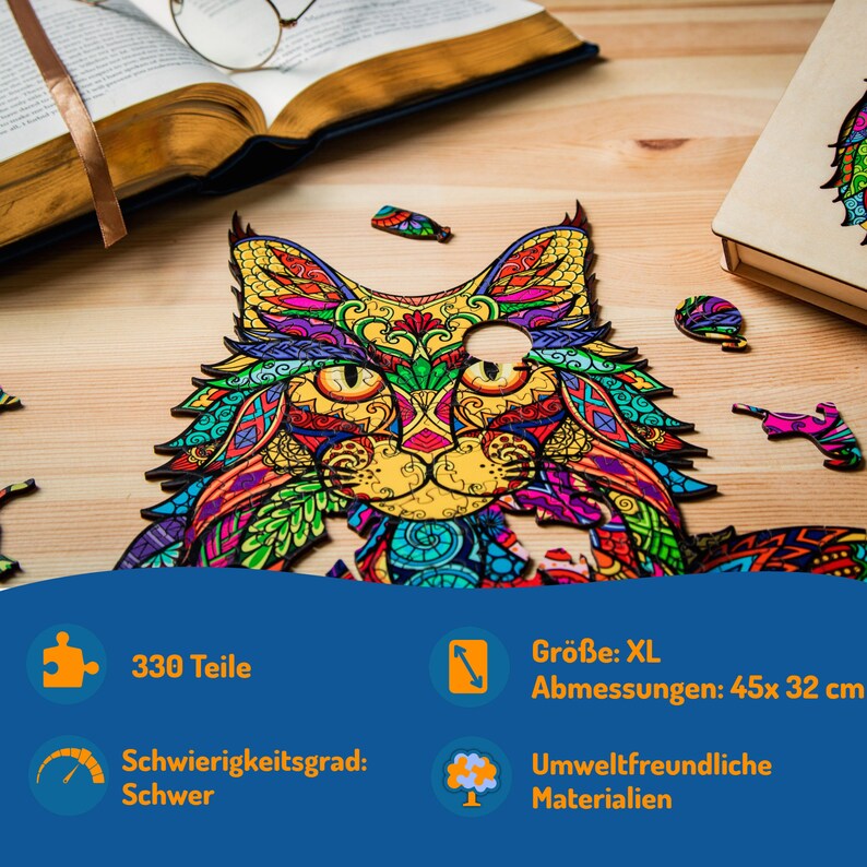May include: A colorful wooden jigsaw puzzle of a cat with 330 pieces. The puzzle is XL size and measures 45 inches by 32 inches. The puzzle is made from environmentally friendly materials.