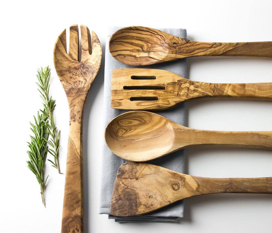 Traditional Olive Wood 5 Piece Kitchen Utensil Set Cooking Etsy