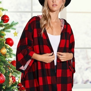 Plaid hoodie poncho sweater