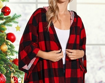 Plaid hoodie poncho sweater