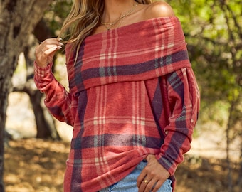 Plaid cowl neck long sleeve top