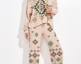 Aztec print rib loungewear set