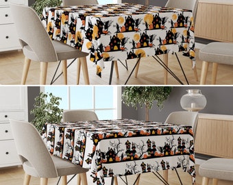 Haunted House Table Cover, Halloween Tablecloth, Fall Table Sheet, Kitchen Textile, Black & Orange Table Linens, Halloween Gift