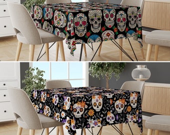 Floral Skull Pattern Tablecloth, Black Gothic Style Table Cover, Halloween Table Linens, Autumn Decors, Kitchen Textile, Halloween Gift