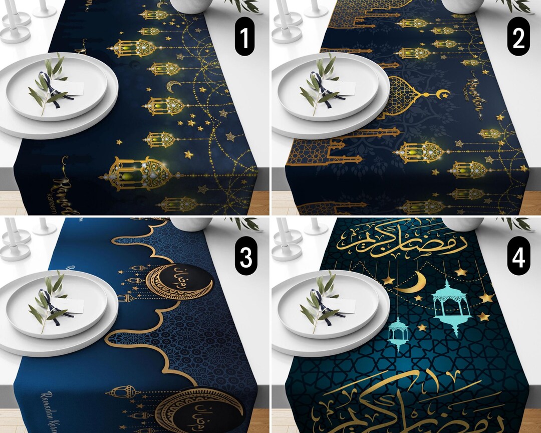 Ramadan Kareem Lanterns Table Runner, Eid Mubarak Navy Blue & Yellow ...