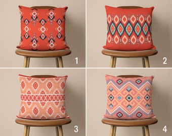 Ikat Print Pillow Cover, Salmon Pink Color Pillow Case, Ikat Cushion Cover, Southwestern Decor, 18x18, 20x20, Any Size Pillow, Cover Only