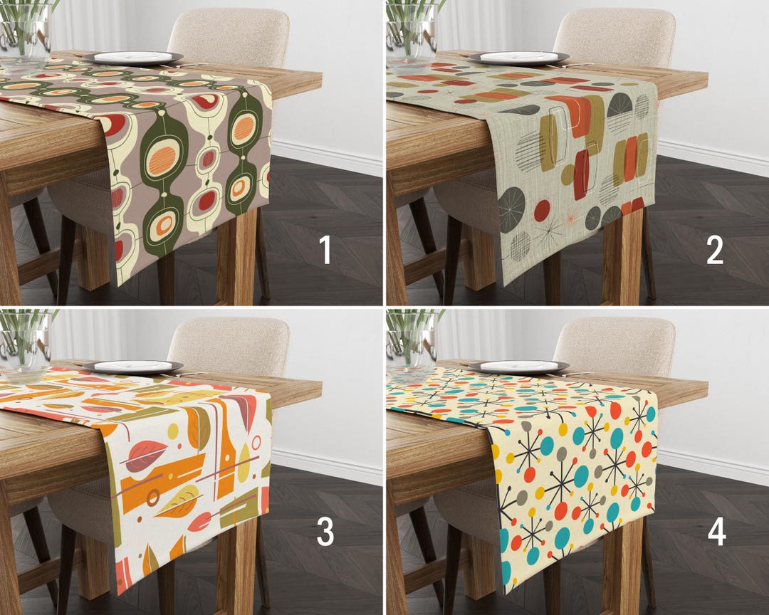 Retro 70s Mod Floral Table Runner, Mid Century Modern Orange Brown Dining Accent main image 1