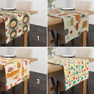 Boho Mid Century Modern Table Runner, Retro Abstract Green & Orange Custom Size Runner, Vintage Digital Print Tablecloth, Dining Room Decor