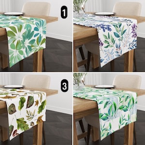 Boho Foliage Design Table Runner, Green Botanical Leaves Table Runner, Modern Rustic Tablecloth, Tropical Watercolor Table Runner, Any Size