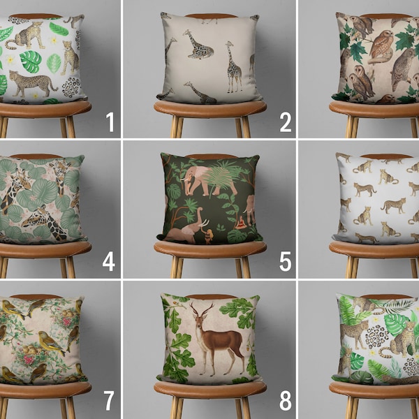 Wild Jungle Animals Throw Pillow Cover, Green Brown Safari & Forest Animals Accent Pillow Case, Boho Living Room Decor, Custom Cushion Cover