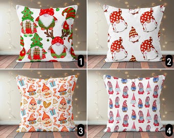 Cute Holiday Gnomes Pillow Cover, Christmas Gnomes Cushion Cover, Festive Scandinavian Winter Throw Pillow Case, Custom Size, 18x18, 20x20