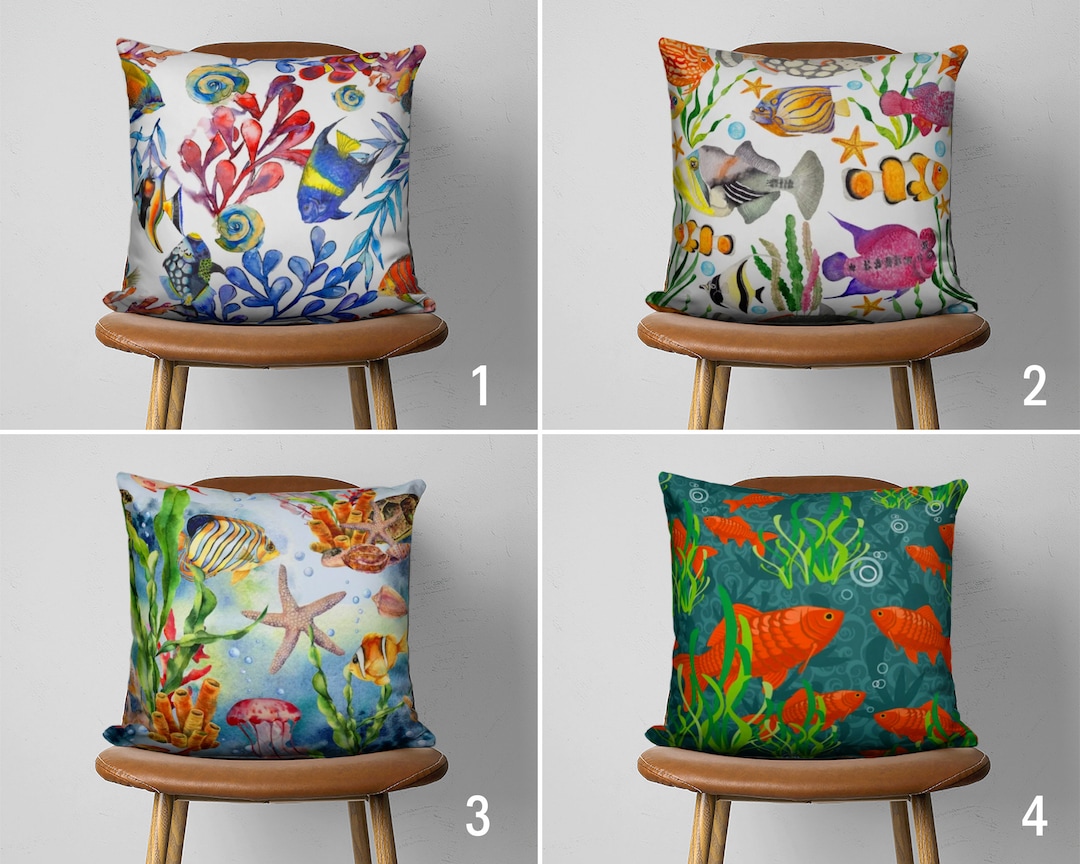 Colorful Fish Pillow Case, Nautical Cushion Cover, Coastal Pillow Cover