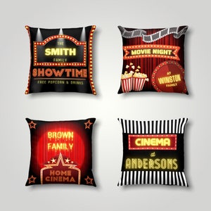 Customized Cinema Pillow Cover, Custom Home Theater Pillow Case, Movie Night Popcorn Cushion Cover, Cinema Room Decor, Personalized Gift