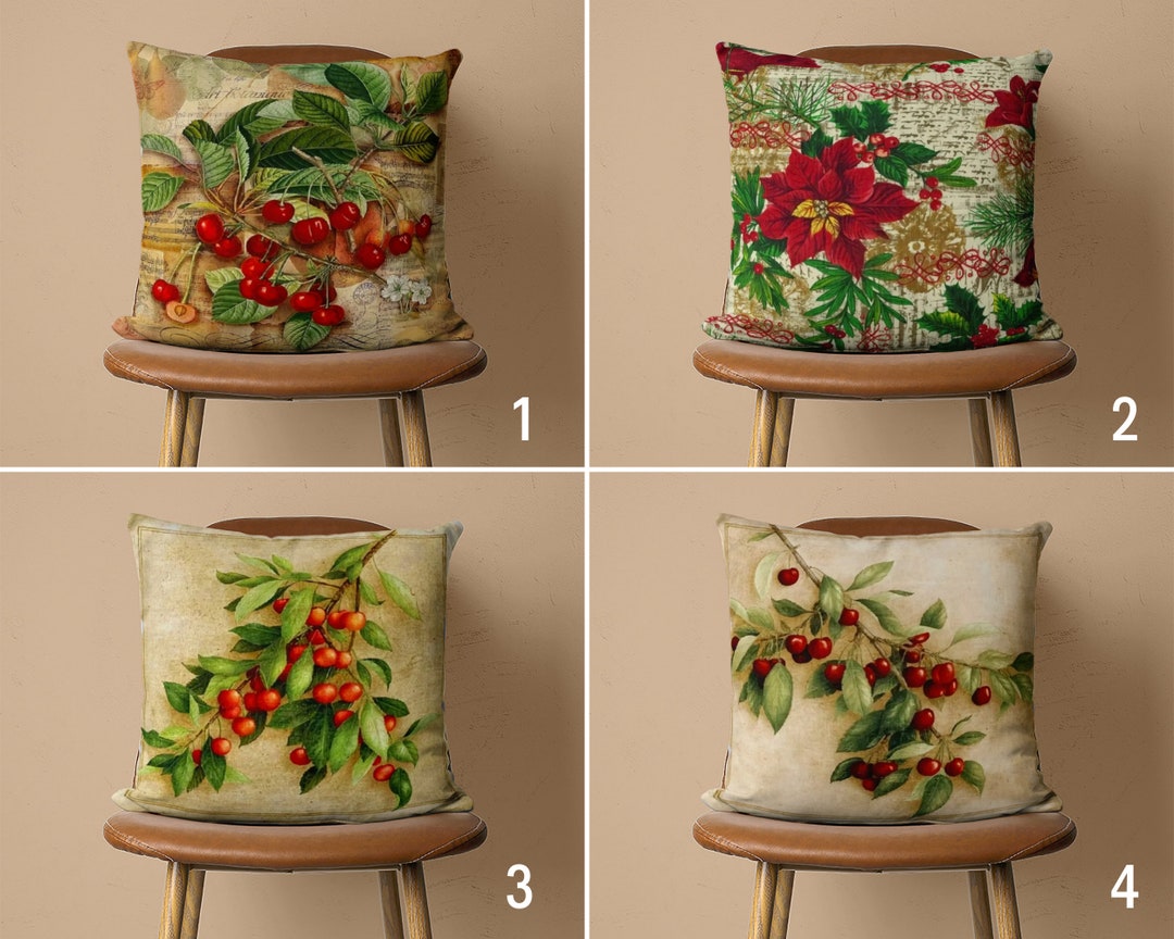 Cocina Christmas Flower Pillow Cover, Red Pine Berry Pillow Case, Beige ...
