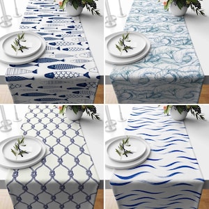 Blue & White Marine Table Runner, Fish and Wave Design Runner, Nautical Tablecloth, Coastal House Decor, Country House Decor, Summer Textile