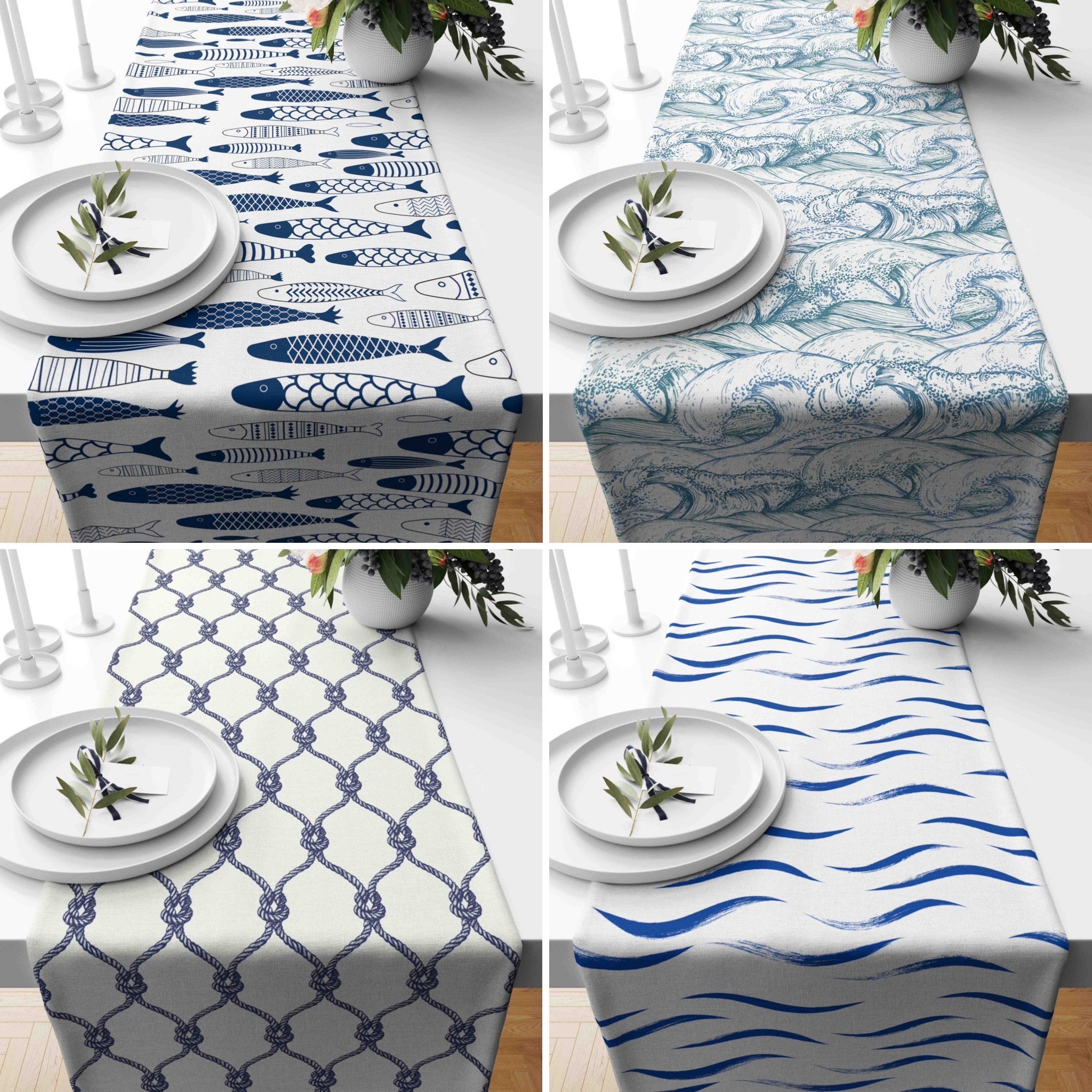 Blau & Weiß Marine Tischläufer, Fisch und Wellen Design Läufer, Maritime Tischdecke, Küsten Haus Dekor, Landhaus Dekor, Sommer Textil