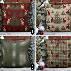 Federa per cuscino di design con cervo e pino, fodera per cuscino natalizio verde bordeaux, federa invernale a pois scozzesi, decorazione rustica per la casa di Capodanno