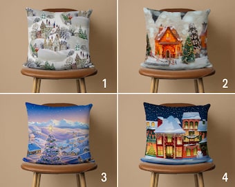 House in Winter Pillow Cover, Winter Scenery Cushion Cover, Christmas Landscape Pillow Case, Rustic Cabin Decor, Handmade Pillow, 20x20