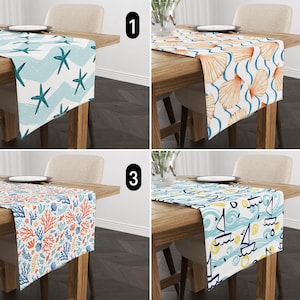 Coastal Marine Table Runner, Starfish Seashell Coral & Sailboats on Ocean Waves Design Table Runner, Nautical Table Runner,Beach House Decor