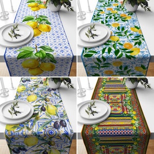 Lemon Table Runner, Citrus Kitchen Runner, Yellow & Blue Floral Tablecloth, Fruit Table Decor, Dining Table Decor, Any Size Table Runner