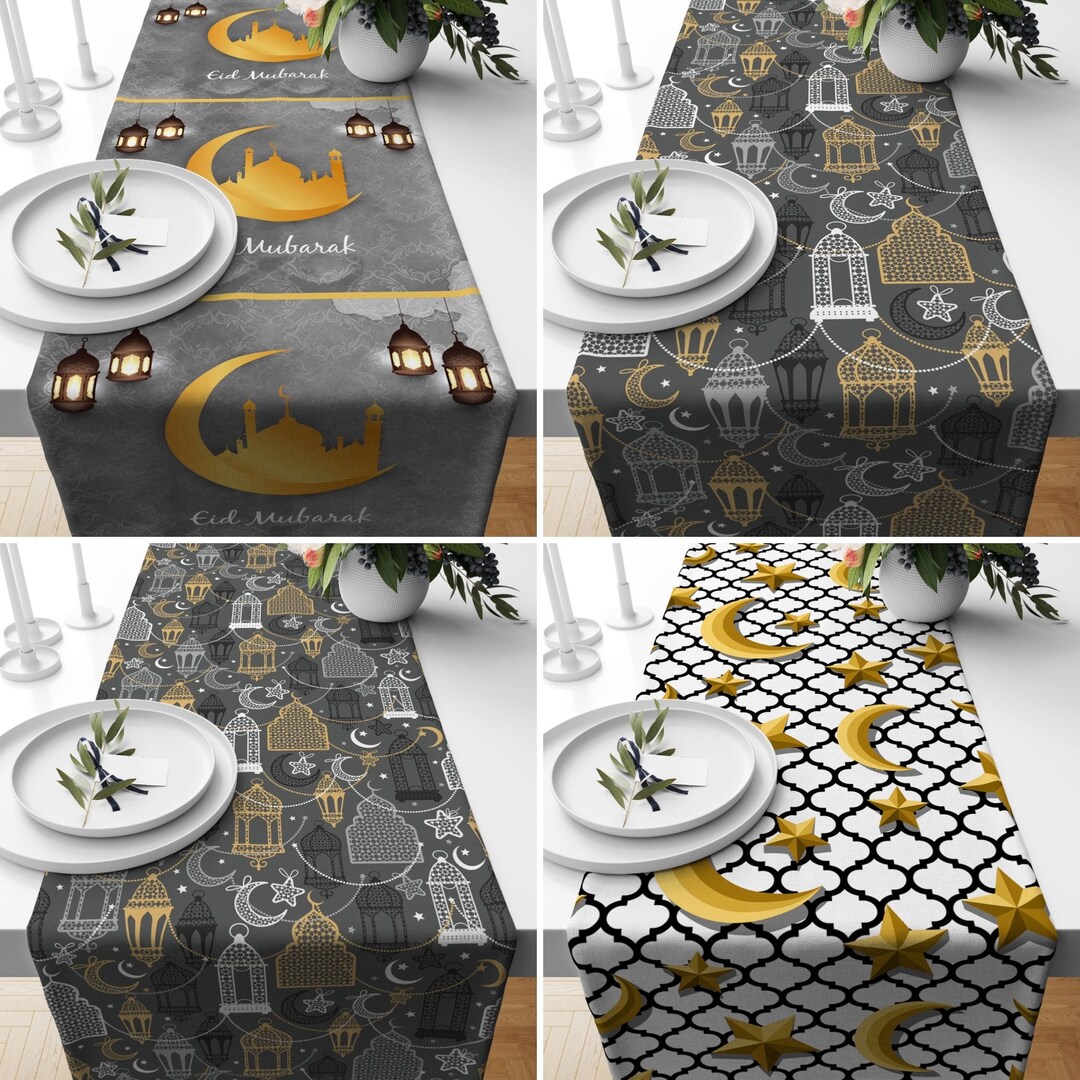 Ramadan Lantern & Crescent Table Runner, Gray Eid Mubarak Runner ...