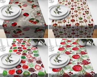 Christmas Ornaments Runner, Red & Green Xmas Table Runner, Holiday Tablecloth, Winter Table Linens, Farmhouse Decor, Christmas Gift