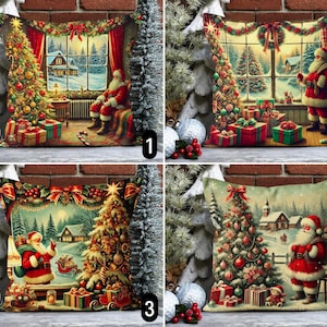Federa per cuscino vintage di Babbo Natale, alberi di Natale e scatole regalo, federa per cuscino, stampa digitale, decorazione per interni per le vacanze invernali