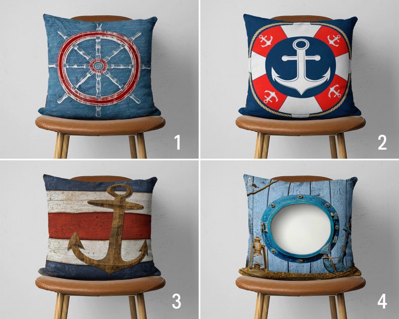 Navy Blue Nautical Pillow Cover, Anchor Cushion Cover, Marine Pillow Case, Custom Size Pillow, Coastal Home Decor, Personalized Pillow Cover image 1