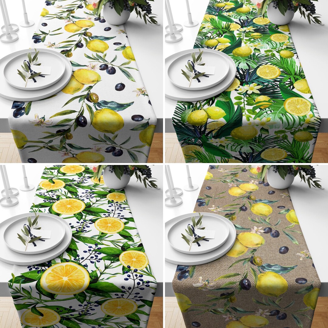 Yellow Lemon Table Runner, Citrus Floral Kitchen Runner, Summer Trend