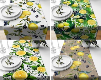 Yellow Lemon Table Runner, Citrus Floral Kitchen Runner, Summer Trend Tablecloth, Geometric Design Table Decor, Custom Table Runners