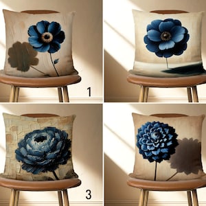 Navy Blue Flowers Pillow Cover, Luxury Floral Oil Painting Pillow Case, Large Giant Flower Design Beige & Blue Cushion Cover, 14x14, 16x16