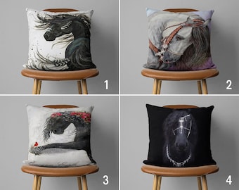 Funda de almohada de caballo negro, funda de cojín de animal, funda de cojín en blanco y negro, almohadas de cualquier tamaño, decoración de sala de estar, solo funda, 20 x 28, 20 x 20