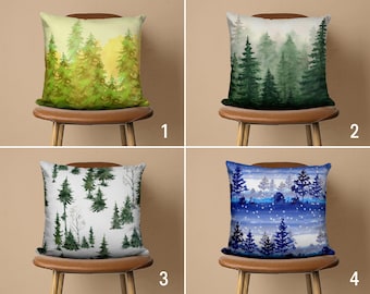Pine Trees Pillow Cover, Green & Blue Pine Pillow Case, Winter Cushion Cover, Christmas Textile, All Size Pillow, New Years Gift, 20x20