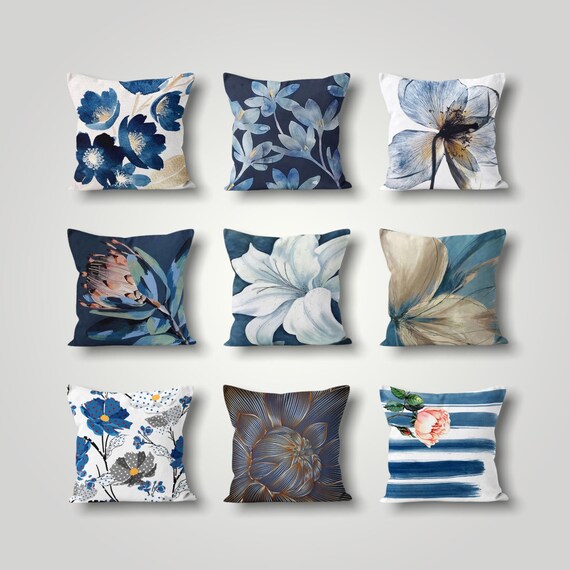 Blue Flower Pillow Cover Decorative Leaves Cushion Cover Etsy