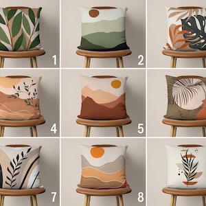 Boho Abstract Throw Pillow Case, Leaves Cushion Cover, Mountain Landscape Cushion Cover, Scandinavian Green Brown Decor, Custom Size, 18x18