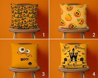 Halloween Pumpkin Pillow Case, Halloween Boo Cushion Cover, Orange Carved Pumpkin Pillow Cover, Cute Halloween Gift, Any Size, Only Cover