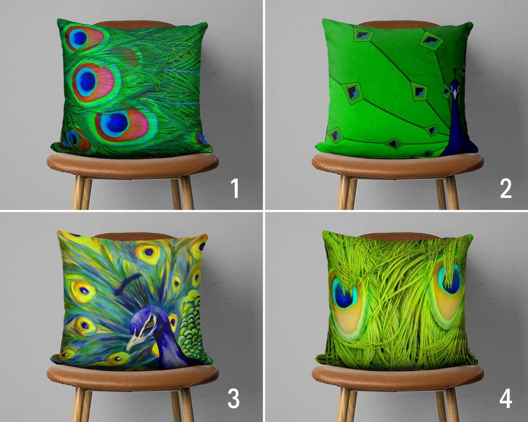 Bright Green Peacock Feather Cushion Cover, Peafowl Bird Tail Pillow