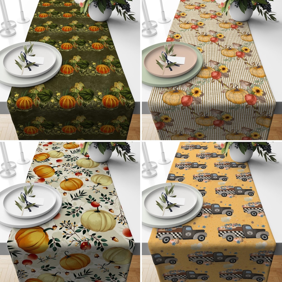 Boho Fall Pumpkins Table Runner, Orange Green Autumn Table Runner ...