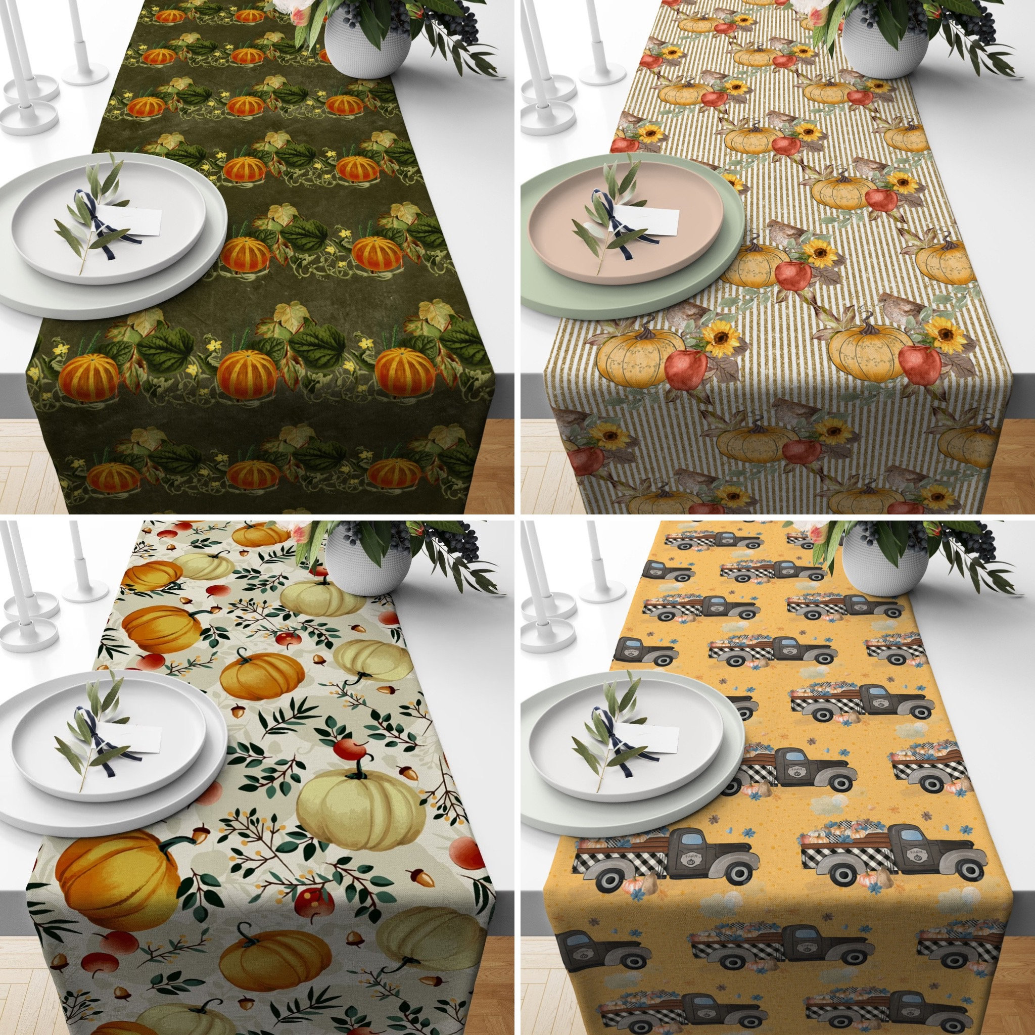Boho Fall Pumpkins Table Runner, Orange Green Autumn Table Runner ...