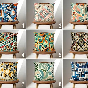 May include: Nine different throw pillow covers featuring geometric patterns in a variety of colours, including blue, green, yellow, orange, and red. The pillows are displayed on chairs with brown wooden legs.