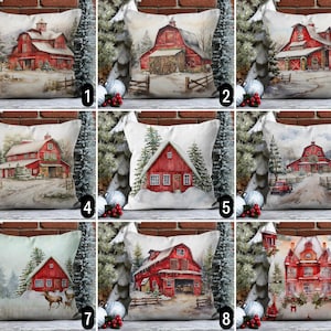 Federa per cuscino Red Winter Barn, federa per cuscino rustico natalizio innevato, federa per cuscino con paesaggio di villaggio innevato, decorazione per la casa delle feste