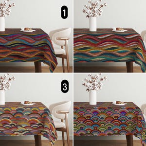 May include: Four different tablecloths with colorful geometric patterns. The tablecloths are displayed on a table with a chair on each side. The tablecloths feature a wave pattern, a circle pattern, a wave pattern, and a circle pattern.