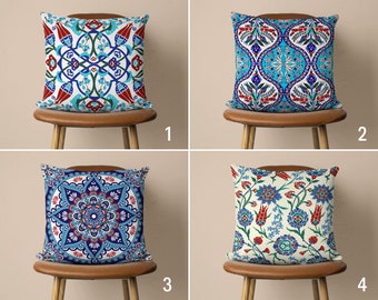 Blue & Red Ottoman Style Pillow Cover, Turkish Tulip Pillow Case, Mosaic Tile Pattern Cushion Cover, Ethnic Home Decor, Any Size Pillow