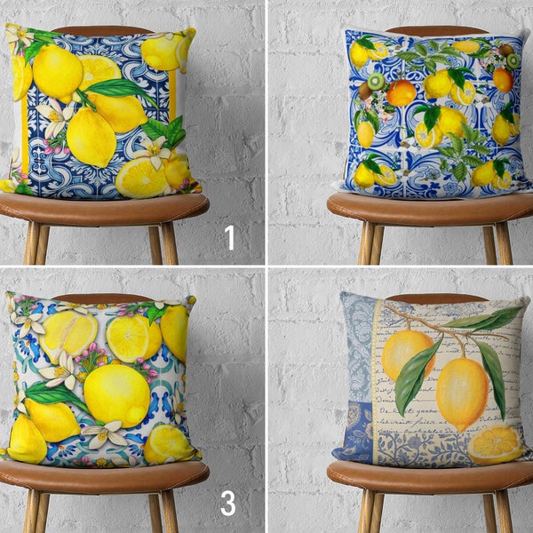 Lemon on Tile Pillow Cover, Mediterranean Citrus Pillow Case, Yellow & Blue Cushion Cover, Summer Decor, Euro Pillow Sham, Handmade Pillow