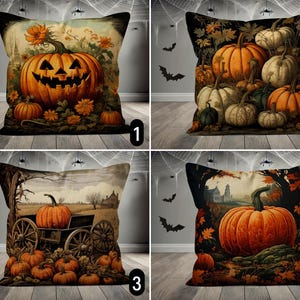 May include: Set of four decorative Halloween-themed throw pillows. Each pillow features a unique design: a carved jack-o'-lantern, a collection of pumpkins, a pumpkin on a wagon, and a large pumpkin in a forest setting. The pillows have a black border.