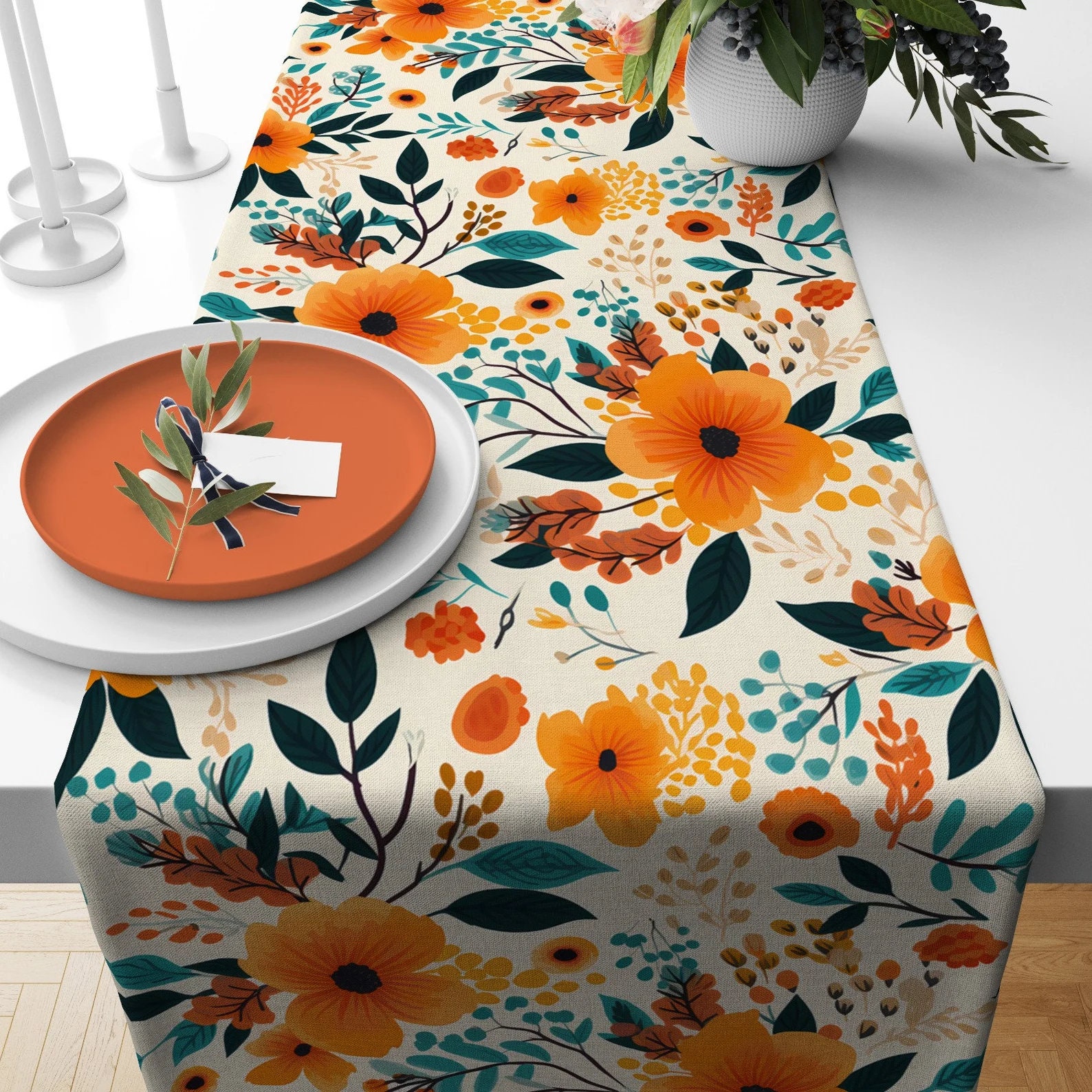 Chemin De Table Automne Orange à Carreaux - 40x140 Cm Lavable | Décoration Table Rustique Cuisine Salle à Manger Fête