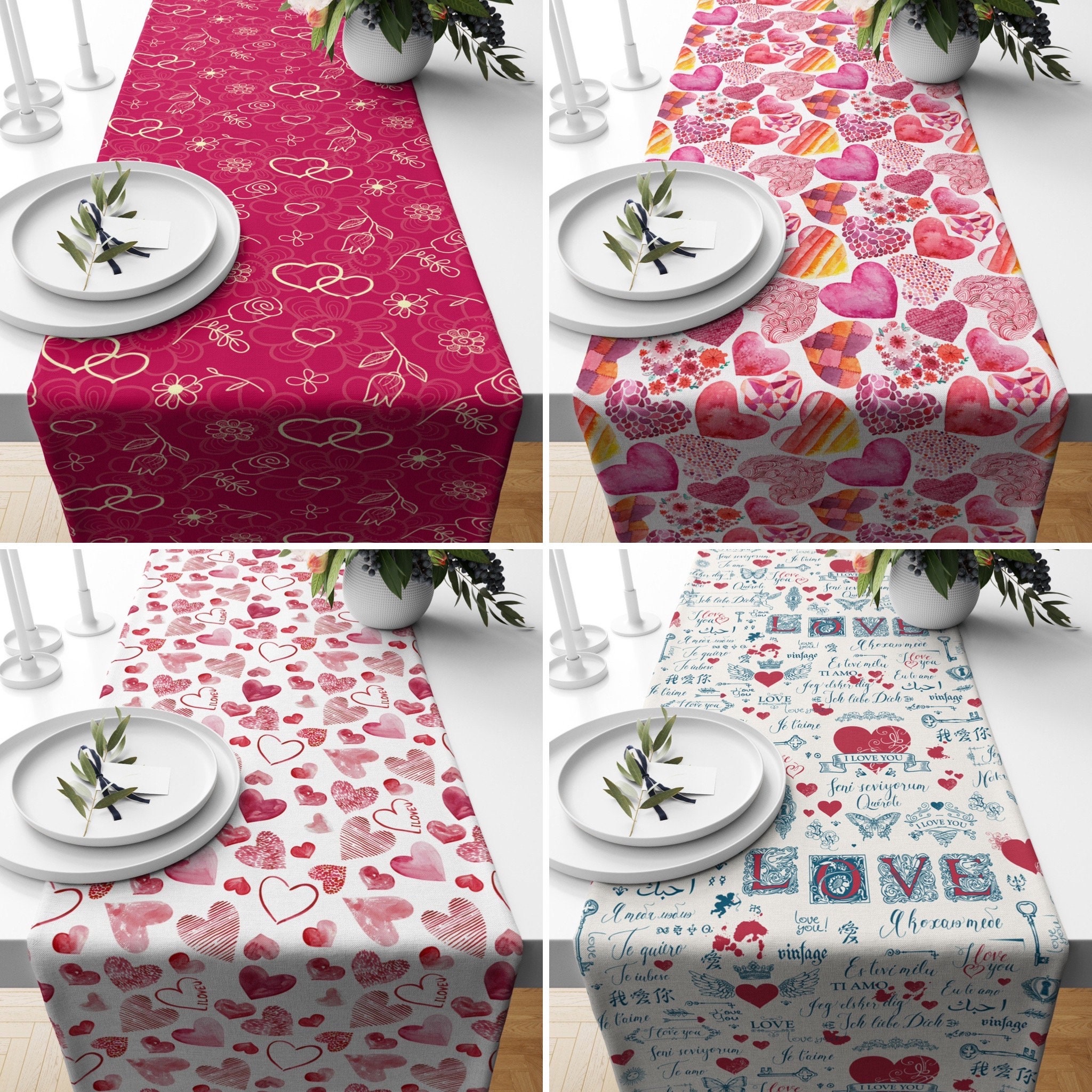 Runner Da Tavola Con Cuori E Scritta Happy Spring – 33x182 Cm, Motivo Floreale Per San Valentino E Primavera