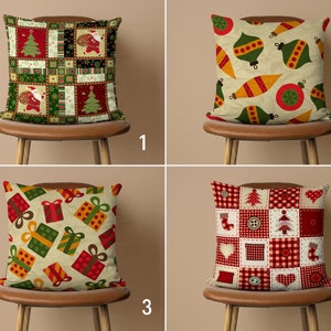 Könnte beinhalten: Vier verschiedene Weihnachts-Kissen-Designs. Die Kissen sind alle rechteckig und zeigen eine Vielzahl von festlichen Mustern, darunter ein Patchwork-Design mit roten und weißen Quadraten, ein Design mit grünen und roten Ornamenten, ein Design mit roten und grünen Geschenkboxen und ein Patchwork-Design mit roten, weißen und grünen Quadraten.